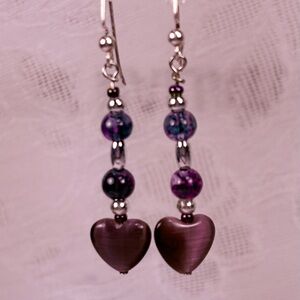 Earrings Pierced Handcrafted Unique Design Women Amethyst Glass Heart and Beads